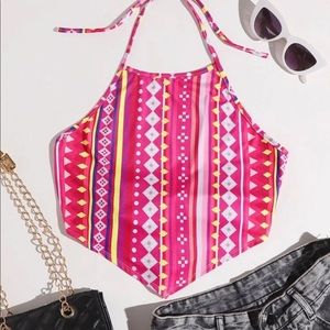 Tied Open Back Pink Graphic Print Halter Top NWT